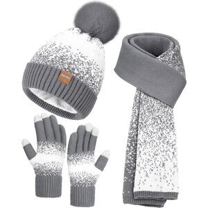 Women's Grey White Winter Beanie Hat Scarf Gloves Set Pom Warm Christmas Gift
